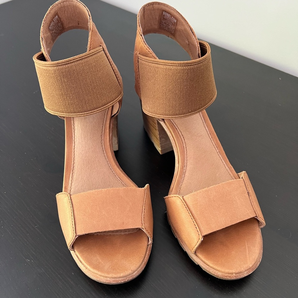 Sorel Nadia Sandals Tan Leather Heels